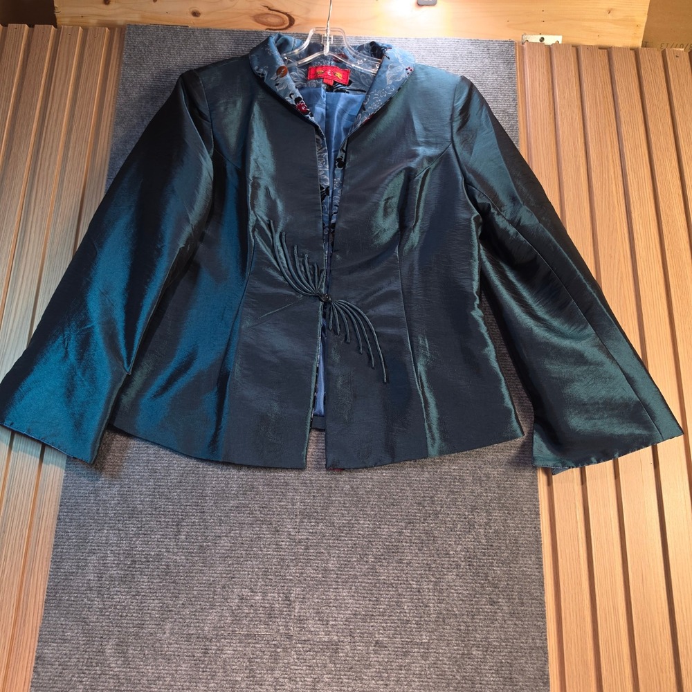 Toumoe Jacket Women XL Teal Iridescent Silk Blend Floral Trim Good Condition